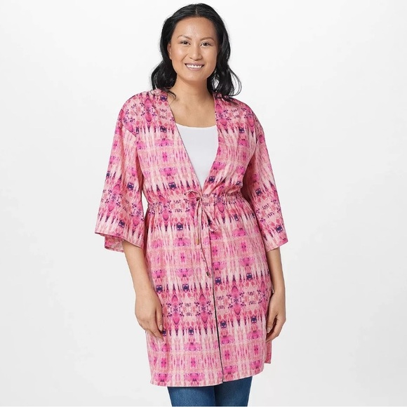 AmberNoon II by Dr. Erum Ilyas UPF 30 Printed Cardigan Pink Coral Size Small - Picture 1 of 5